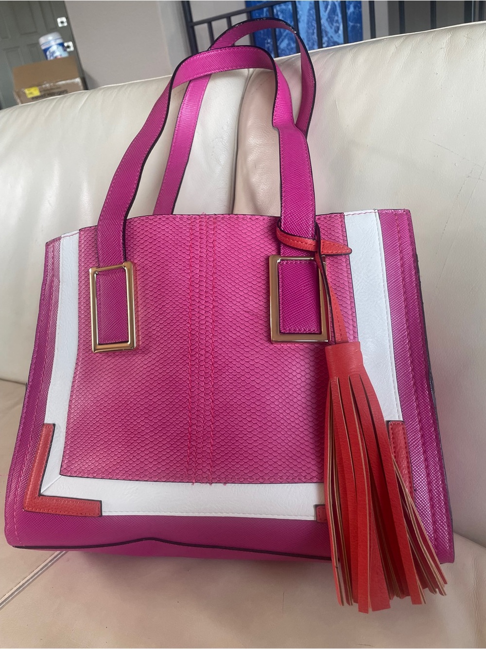 💗💓💞 Gianni Bini Bright Pink Tote with Red Tassel and White Trim
